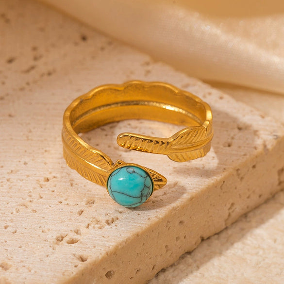 Wholesale Titanium Steel Feather Ring Inlaid With Natural Stone Retro Light Luxury Electroplated Diamond Pattern For Women