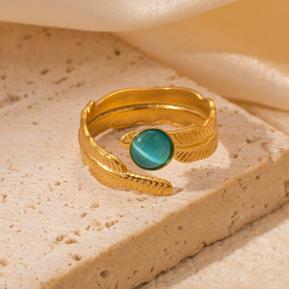 Wholesale Titanium Steel Feather Ring Inlaid With Natural Stone Retro Light Luxury Electroplated Diamond Pattern For Women