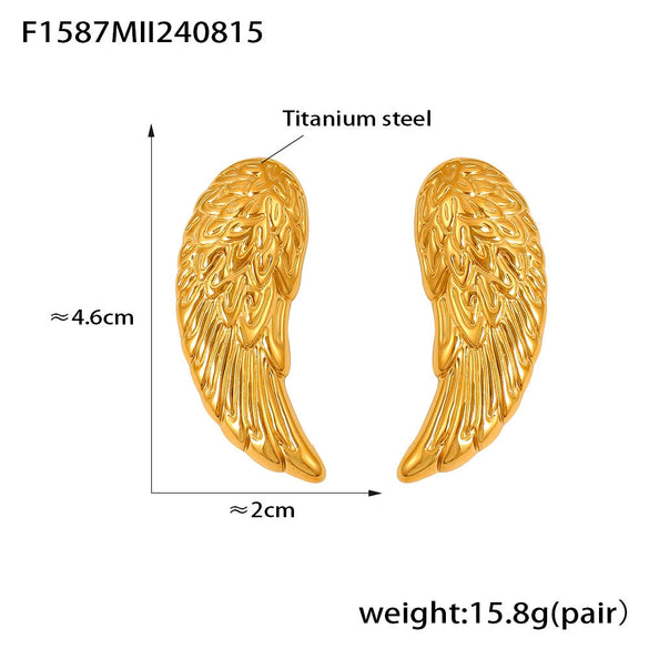 Wholesale 316L Stainless Steel Feather Wings Texture Exaggerated Vintage Design Electroplated 18K Real Gold Women's Earrings