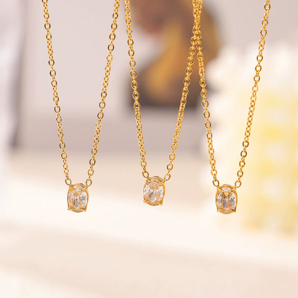 Wholesale 316L Stainless Steel Fine Chain Oval Pendant Necklace Inlaid With Zircon Geometric Design Gold Plated