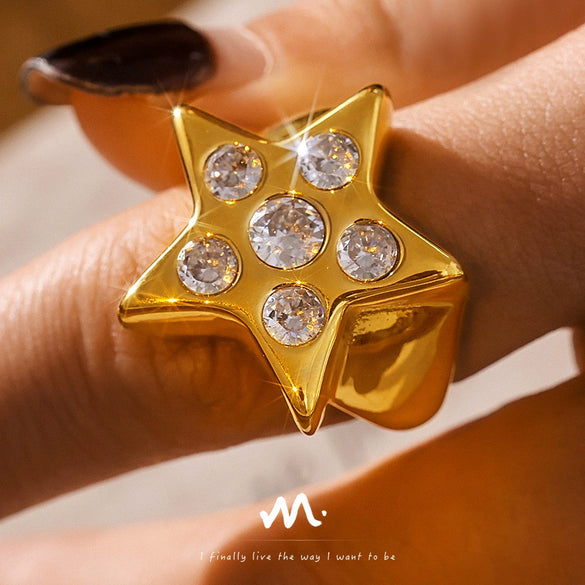 Wholesale 316L Stainless Steel Fivepointed Star Zircon Ring With Geometric Pattern Electroplated And Fashionable For Women