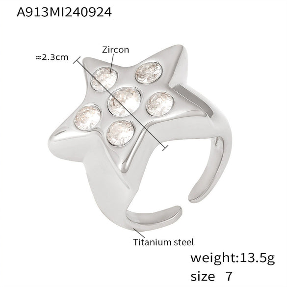 Wholesale 316L Stainless Steel Fivepointed Star Zircon Ring With Geometric Pattern Electroplated And Fashionable For Women
