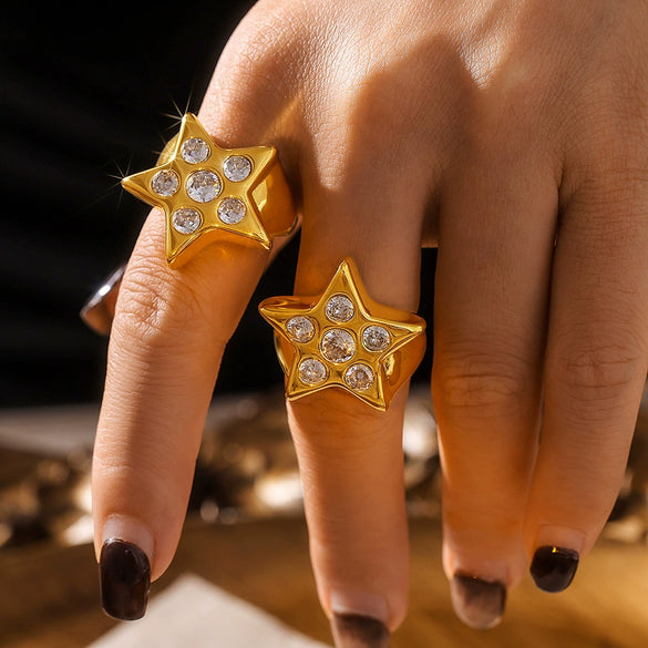 Wholesale 316L Stainless Steel Fivepointed Star Zircon Ring With Geometric Pattern Electroplated And Fashionable For Women