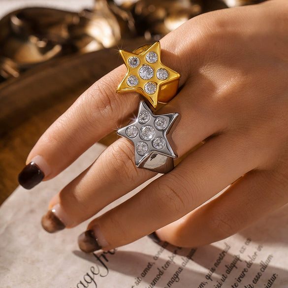 Wholesale 316L Stainless Steel Fivepointed Star Zircon Ring With Geometric Pattern Electroplated And Fashionable For Women