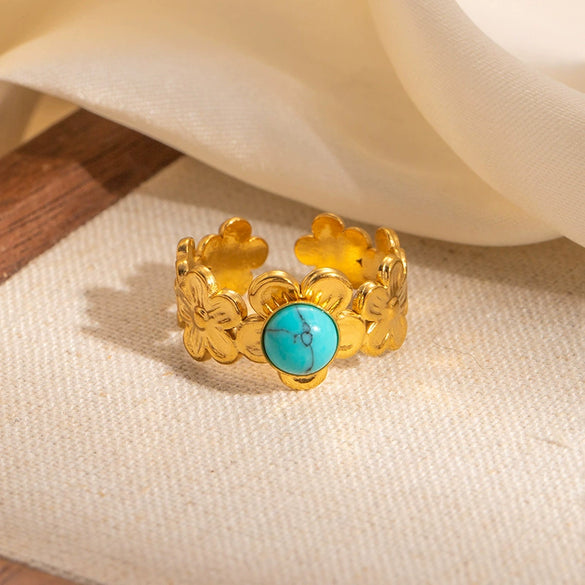 Wholesale Titanium Steel Flower Geometric U Shape Niche Design Electroplated Ring Inlaid With Natural Stone