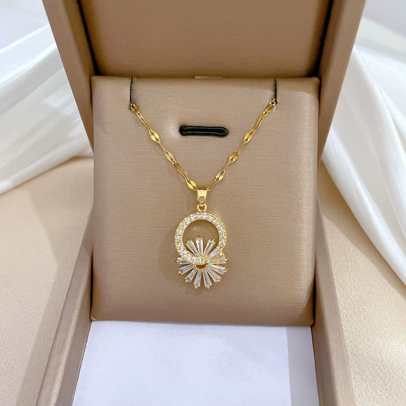 Wholesale Titanium Steel Flower Micro Inlaid Necklace And Earrings Set With Electroplating For Women