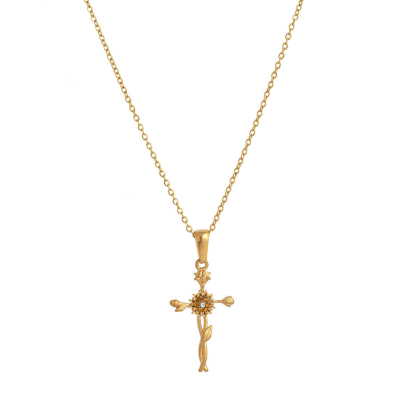 Wholesale Titanium Steel Flower Retro Necklace With 18K Gold Plating