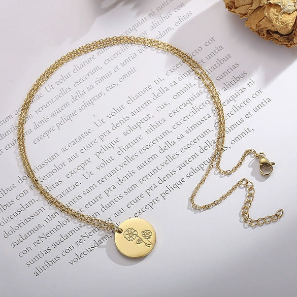 Wholesale Titanium Steel Flower Round Pendant Necklace Gold Inlaid Trendy Elegant