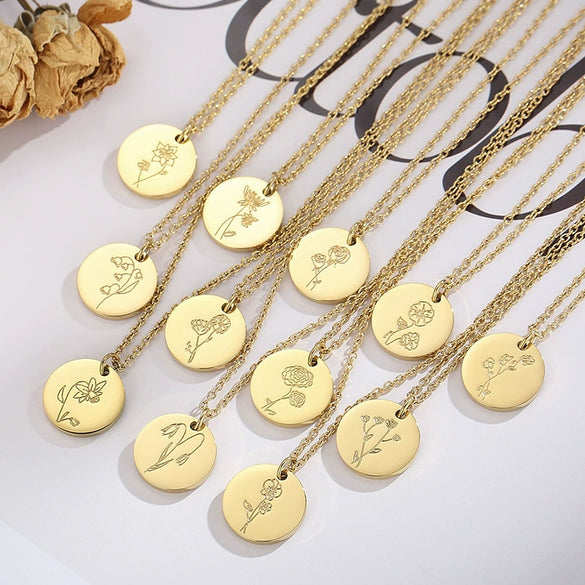 Wholesale Titanium Steel Flower Round Pendant Necklace Gold Inlaid Trendy Elegant