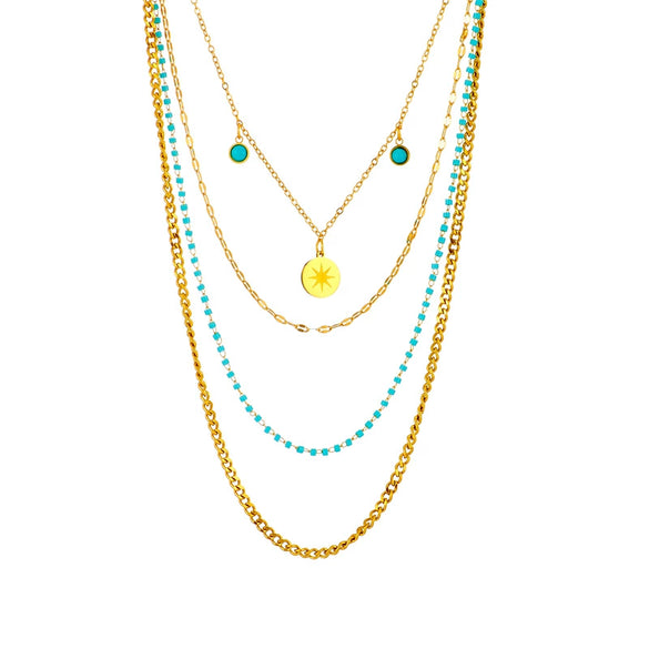 Wholesale Titanium Steel Four Layer Chain Necklace With Irregular Round And Geometric Pendant Electroplated For Women