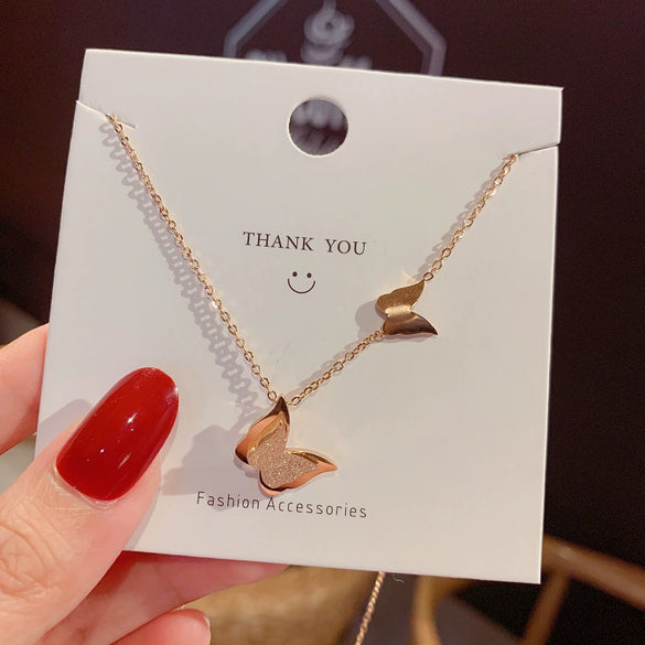 Wholesale Titanium Steel Frosted Butterfly And Bow Ochain Necklace For Women With Electroplating Treatment