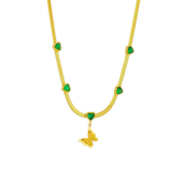 Wholesale Titanium Steel Frosted Stereo Butterfly Pendant With Diamond Heart Blade Snake Bone Chain Necklace For Women