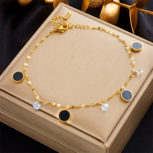 Wholesale Titanium Steel Geometric Black Wafer Pendant Anklet For Women Retro And Fashion Style