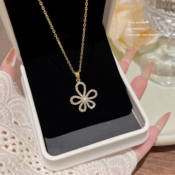 Wholesale Titanium Steel Geometric Clavicle Chain Necklace Set With Zirconia For Women