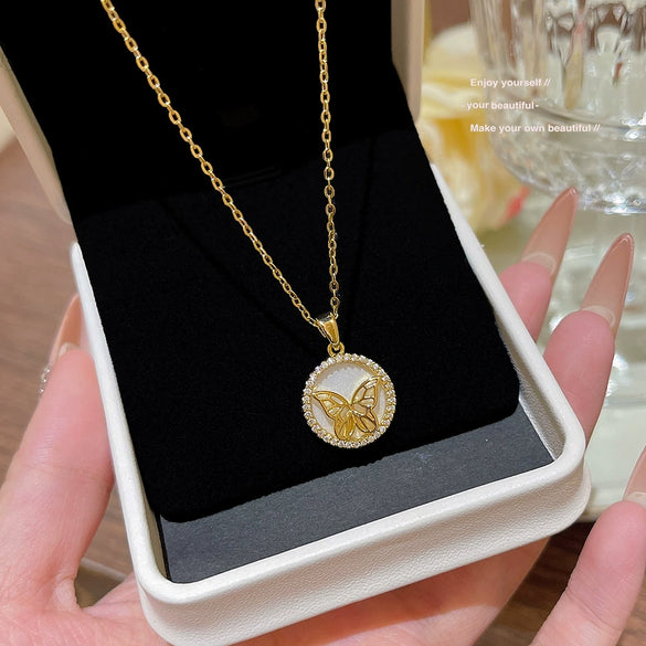 Wholesale Titanium Steel Geometric Clavicle Chain Necklace Set With Zirconia For Women