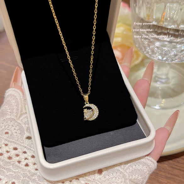 Wholesale Titanium Steel Geometric Clavicle Chain Necklace Set With Zirconia For Women