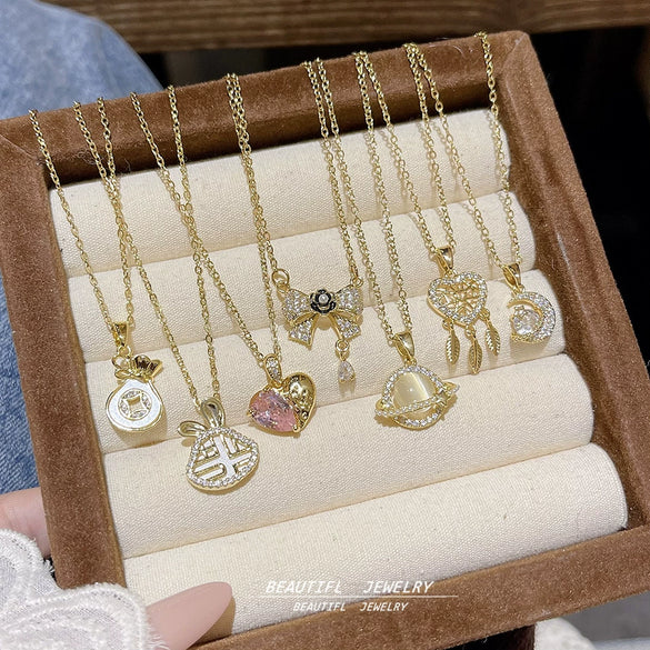 Wholesale Titanium Steel Geometric Clavicle Chain Necklace Set With Zirconia For Women