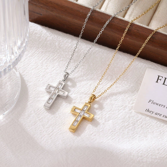 Wholesale Titanium Steel Geometric Cross Inlaid Zircon Electroplating Women's Pendant Necklace