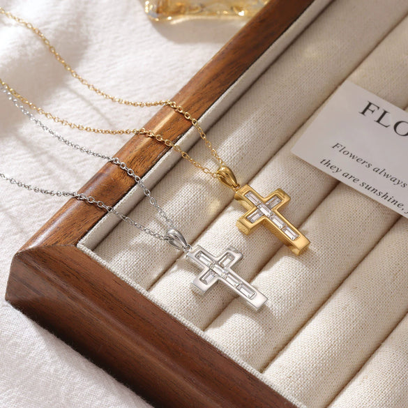 Wholesale Titanium Steel Geometric Cross Inlaid Zircon Electroplating Women's Pendant Necklace