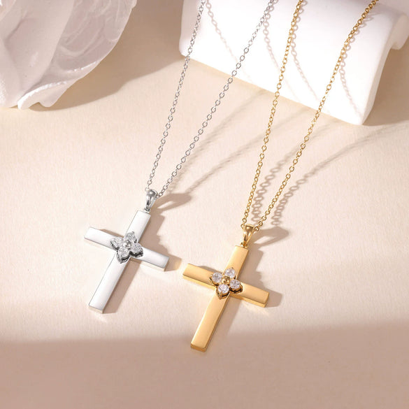 Wholesale Titanium Steel Geometric Cross Pendant Flower Necklace With Electroplating And O Word Chain For Women