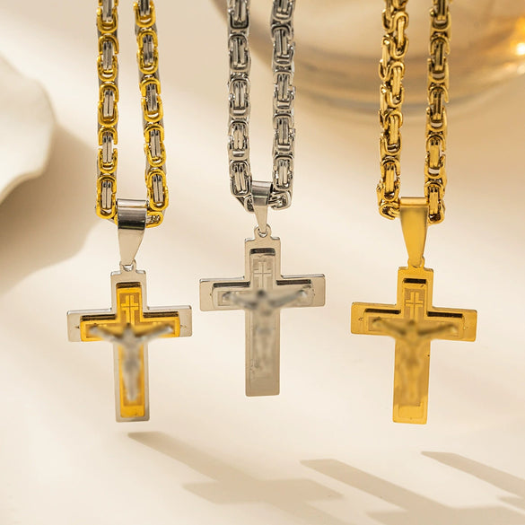 Wholesale Titanium Steel Geometric Cross Pendant Necklace With String Of Pearls Chain For Men Electroplated