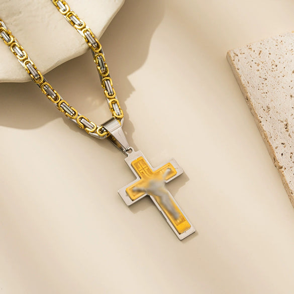 Wholesale Titanium Steel Geometric Cross Pendant Necklace With String Of Pearls Chain For Men Electroplated