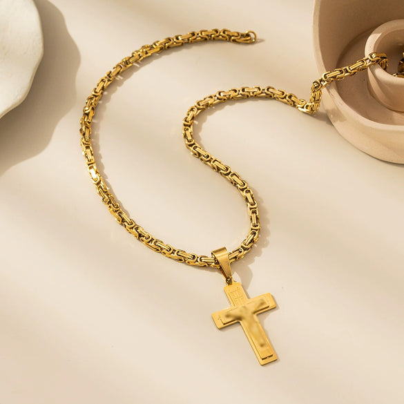 Wholesale Titanium Steel Geometric Cross Pendant Necklace With String Of Pearls Chain For Men Electroplated