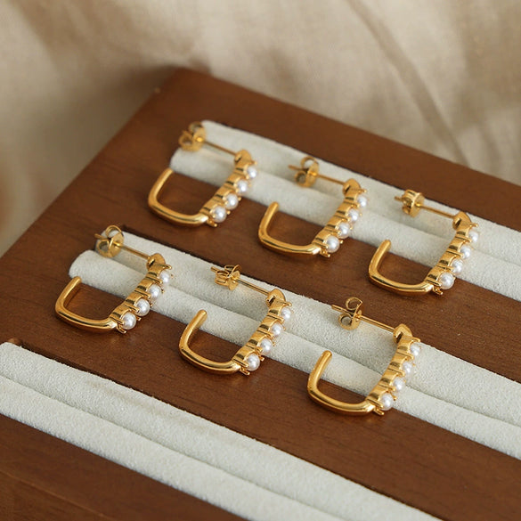 Wholesale Titanium Steel Geometric Cshaped Bead Baroque Vintage Exaggerated Temperament Women's Earrings 18K Gold Electroplated