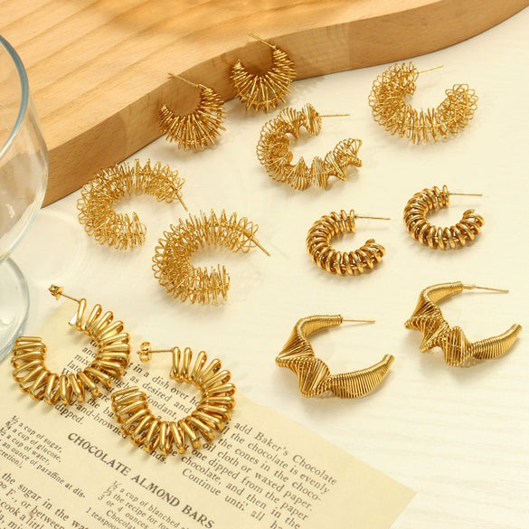 Wholesale 316L Stainless Steel Geometric Cshaped Electroplated Winding Line Earrings For Women