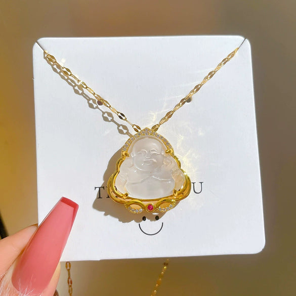 Wholesale Titanium Steel Geometric Diamond Microinlay Women's Buddha Pendant Necklace