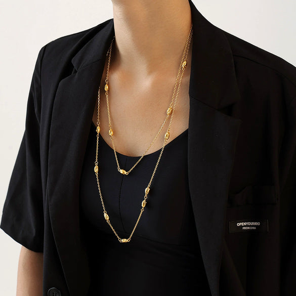 Wholesale Titanium Steel Geometric Doublelayer Beaded Sweater Chain Necklace For Women Light Luxury Style Electroplated