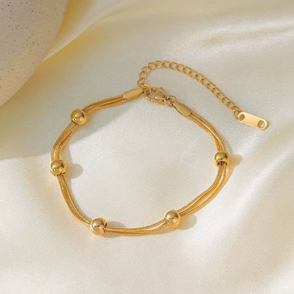 Wholesale Titanium Steel Geometric Electroplated Stacked Bracelet With Small Gold Beads For Women