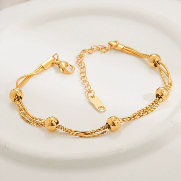 Wholesale Titanium Steel Geometric Electroplated Stacked Bracelet With Small Gold Beads For Women