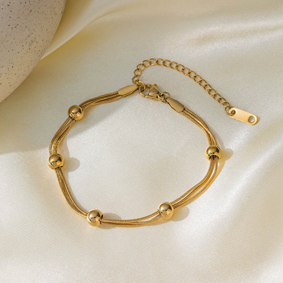Wholesale Titanium Steel Geometric Electroplated Stacked Bracelet With Small Gold Beads For Women