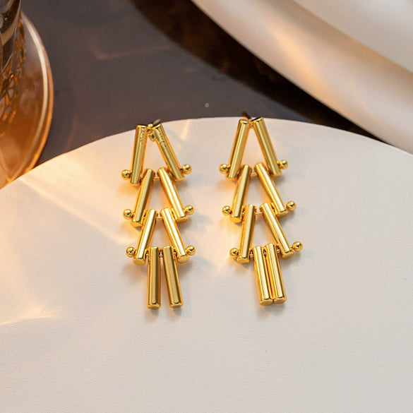 Wholesale Titanium Steel Geometric Electroplated Triangle Cylindrical Stitching Design Women's Earrings