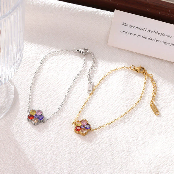 Wholesale Titanium Steel Geometric Flower Inlaid Zircon Electroplated Fashion Shining Girl Bracelet