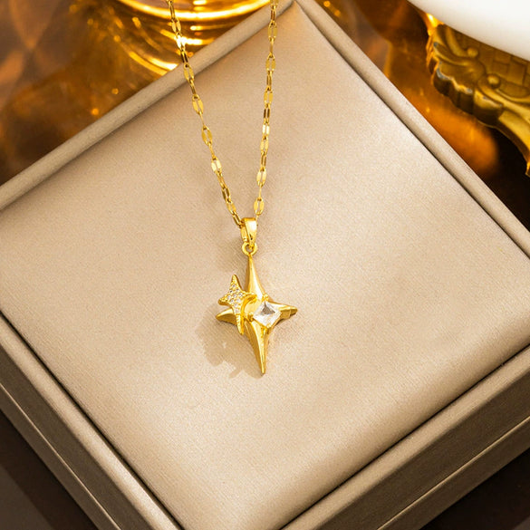 Wholesale Titanium Steel Geometric Fourangle Star Cross Hip Hop Pendant Necklace For Women