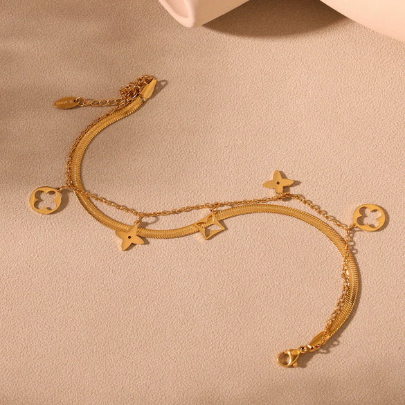 Wholesale 316L Stainless Steel Geometric Fourleaf Flower Doublelayer Blade Chain Anklet For Women