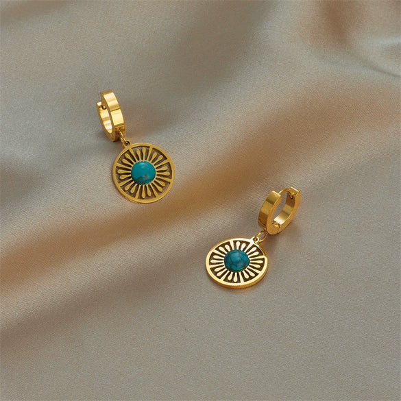 Wholesale Titanium Steel Geometric Hollow Turquoise Circle Pendant Jewelry Electroplated Women's Earrings
