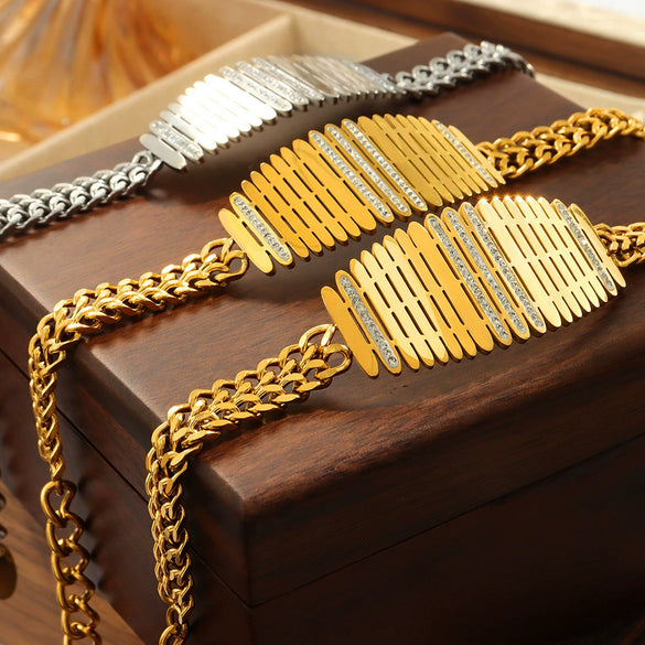Wholesale 316L Stainless Steel Geometric Inlaid Zircon Fence Wide Allmatch Women's Necklace And Bracelet With Electroplating And Twist Chain