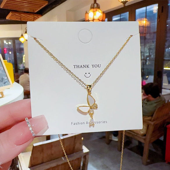 Wholesale Titanium Steel Geometric Light Luxury Necklace With Mixed Gem Inlaid Zircon Pendant And Cross Chain For Women