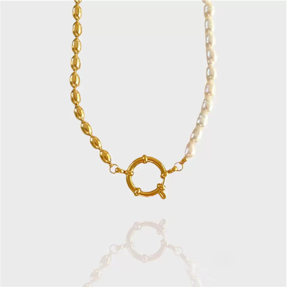 Wholesale Titanium Steel Geometric Light Luxury Style Electroplated Spring Buckle Open Ring Pearl Paper Clip Removable Base O Chain