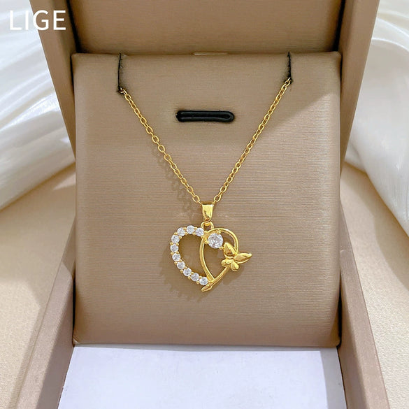 Wholesale Titanium Steel Geometric Love Butterfly Microinlaid Diamond Women's Necklace