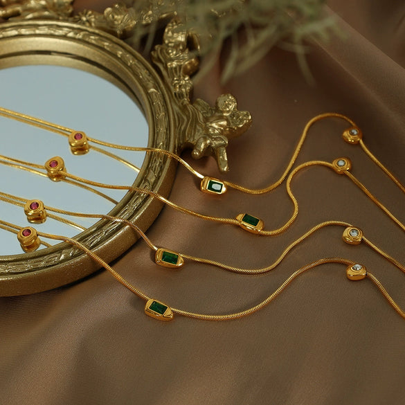 Wholesale 316L Stainless Steel Geometric Mixed Gem Inlay Electroplated Women's Necklace Snake Bone Chain Palace Style Light Luxury Niche Design