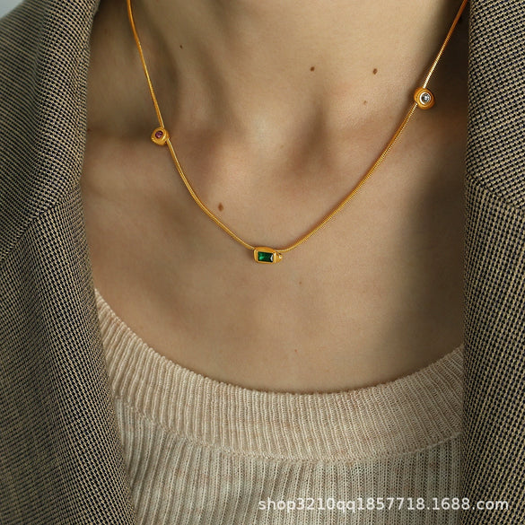 Wholesale 316L Stainless Steel Geometric Mixed Gem Inlay Electroplated Women's Necklace Snake Bone Chain Palace Style Light Luxury Niche Design