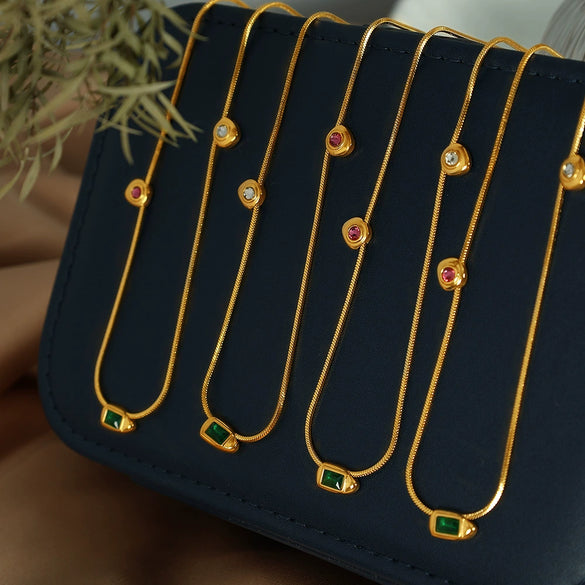 Wholesale 316L Stainless Steel Geometric Mixed Gem Inlay Electroplated Women's Necklace Snake Bone Chain Palace Style Light Luxury Niche Design