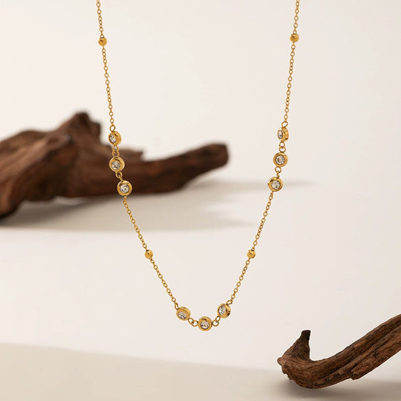 Wholesale Titanium Steel Geometric Necklace And Bracelet Set Electroplated With 18K Gold Inlaid With Zircon For Women