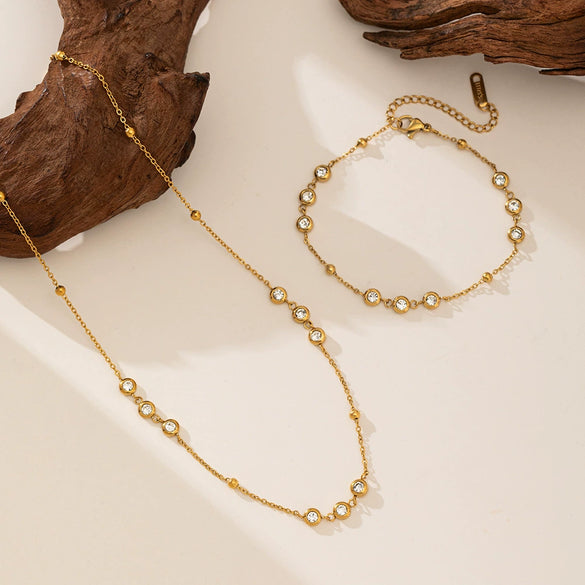 Wholesale Titanium Steel Geometric Necklace And Bracelet Set Electroplated With 18K Gold Inlaid With Zircon For Women