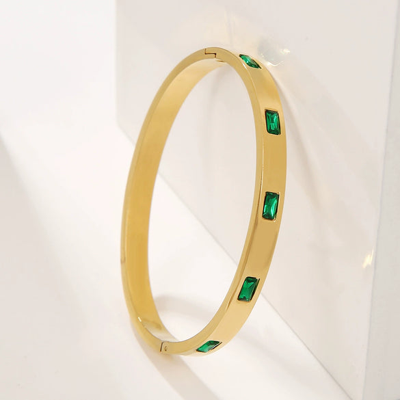 Wholesale Titanium Steel Geometric Open Green Zircon Electroplated Bracelet For Women