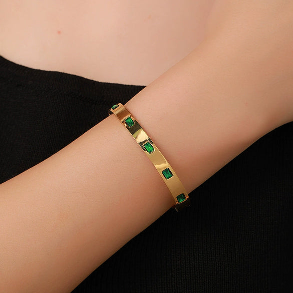 Wholesale Titanium Steel Geometric Open Green Zircon Electroplated Bracelet For Women